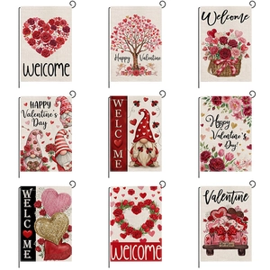 Nine assorted Valentine's Day garden flags with heart, rose, and gnome designs