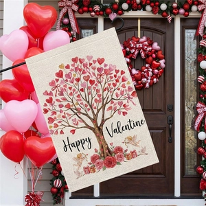 Valentine's Day garden flag with heart tree and roses displayed on a rustic wooden door