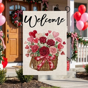 Double-sided Valentine's Day garden flag with welcome message and heart rose basket