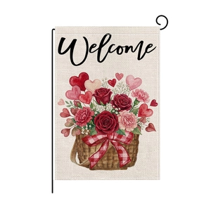 Welcome garden flag with roses, hearts and woven basket on linen fabric texture