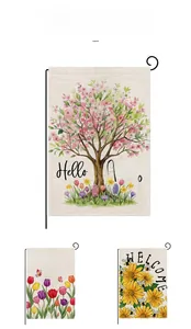Détails des drapeaux de jardin de Pâques en lin avec motifs floraux et texte de bienvenue