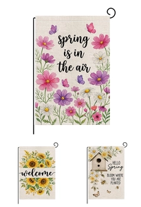 Détail de drapeaux de jardin de Pâques avec motifs floraux et vœux de bienvenue printaniers
