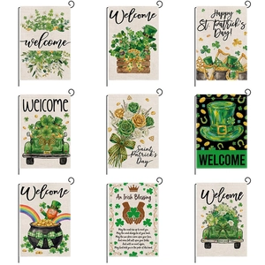 St. Patrick's Day garden flags set featuring clover, leprechaun hats and lucky rainbow designs