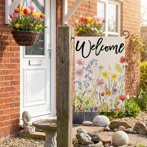 Drapeau de jardin Welcome avec fleurs sauvages colorées et texture lin pour décor extérieur