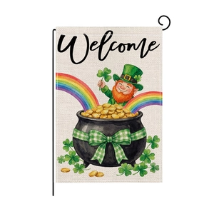 St. Patrick's Day garden flag with leprechaun and rainbow for festive outdoor decor