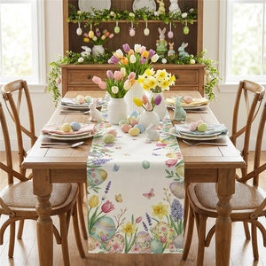 Easter table runner with colorful eggs and spring flower print on beige linen texture