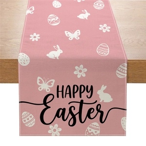 Easter table runner with pink base, white bunnies, eggs and Happy Easter lettering