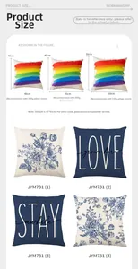 Size guide for floral cushion covers in 40x40, 45x45 and 50x50 cm with filling advice