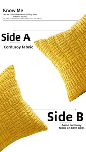 Close-up of bright yellow corduroy cushion cover showing ribbed texture and dual-side fabric