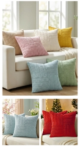 Close-up of textured corduroy pillow cover fabric showing striped pattern and soft material