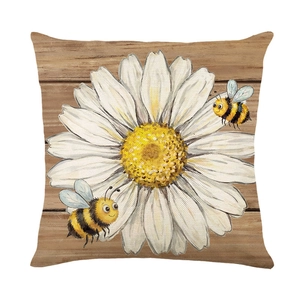 Daisy and honey bee print square pillow cover with vintage wood grain background pattern