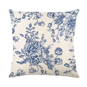 Blue and white porcelain floral pillow case in vintage style with linen texture for sofa
