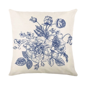 Blue porcelain floral pattern cushion cover made of premium linen for sofa decor