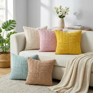 Set of modern corduroy pillow covers with textured square patterns in Morandi colors