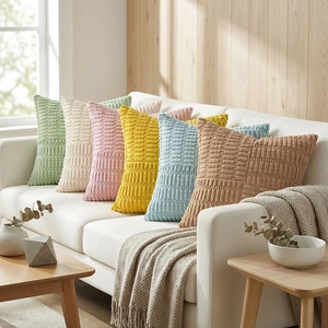 Modern corduroy cushion covers with cross-stripe texture in multiple colors on a sofa