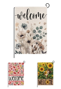 Lot de trois drapeaux de jardin avec lettrage Welcome et supports en métal noir