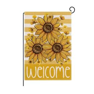 Drapeau de bienvenue pour jardin avec tournesols et rayures jaunes sur lin