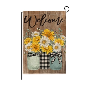 Drapeau de bienvenue de jardin avec bocaux mason, tournesols et abeilles sur bois