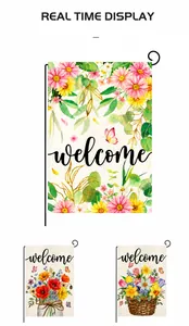 Detail of double-sided burlap garden flags with watercolor floral designs and welcome text