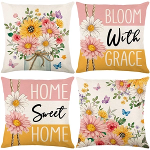 Lot de 4 housses de coussin décoratives avec motifs floraux et citations pour canapé