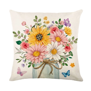 Housse de coussin florale avec tournesols et papillons sur tissu effet lin