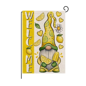 Vertical garden flag with summer lemon gnome and welcome greeting on linen texture