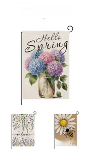 Detailed texture of 3-pack linen garden flags with hydrangea and welcome slogans