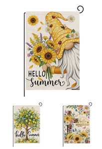 Three summer garden flags with gnomes, lemons and sunflowers in high-quality burlap texture