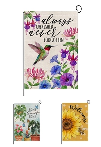 Three-piece set of spring floral garden flags with hummingbird and bee designs on linen
