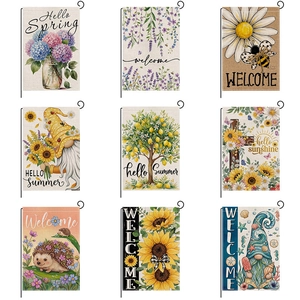 Collection of nine seasonal garden flags with spring flowers and gnome prints on linen fabric