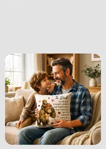 Father's Day cushion cover with gorilla illustration and emotional message on sofa