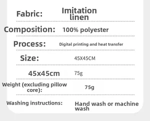 Specifications of linen-like polyester pillowcase measuring 45x45cm with washing instructions