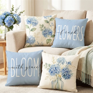 Pillow Case Cushion Cover Blue Hydrangea Floral Letter Print Linen Texture Decorative Home Sofa