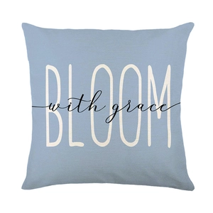 Blue linen hydrangea pillow cover with BLOOM with grace print for sofa decor