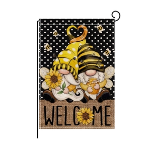 Spring garden flag with honey bee gnomes and sunflower welcome message on linen fabric