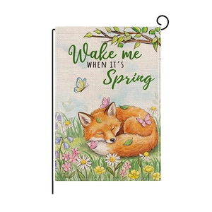 Spring garden flag with sleeping fox and flowers on a textured burlap material