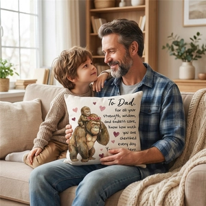 Linen throw pillow with father and son gorilla print and warm message for home decor