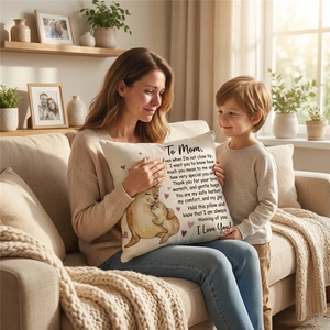 Linen decorative pillow cover with mother and baby seal illustration and emotional message
