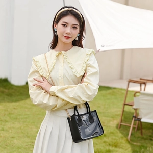 Sac à main moderne en PVC transparent avec bordure en cuir noir et chaîne dorée sur l'herbe