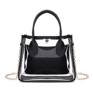 Sac fourre-tout moderne en PVC transparent avec bordure noire et bandoulière chaîne dorée