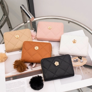 Women Quilted PU Leather Wallet With Gold Flower Decor And Pom-pom Charm Short Zipper Coin Purse Card Holder