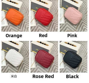 Detailed grid view of six colorful V-quilted crossbody camera bags with gold chains