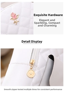 Detail of white quilted leather bag featuring a gold-framed pink rose enamel hardware