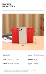 Detailed view of red quilted PU leather handbag with size parameters and phone comparison