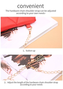 Detail of red quilted crossbody bag featuring adjustable gold chain strap mechanism