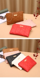 Quilted crossbody bags with diamond stitching, gold chain straps in five vibrant colors