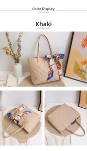 Detailansicht der khakifarbenen Stepptasche mit gebundenem Seidentuch am Griff