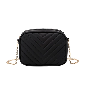 Classic black chevron quilted camera bag with elegant gold chain strap and rectangular shape