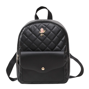 Black quilted mini backpack with pink rose metal logo and gold button front pocket detail