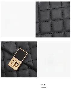 Detail of black quilted texture and elegant gold rectangular twist-lock hardware closure